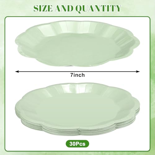 Image of NatNarr 30 Pcs Sage Green Paper Plates, 7 Inch Scalloped Paper Plates Small Dessert Cake Plate Cute Party Plate Disposable Sage Greens Party Supplies for Wedding, Baby Bridal Shower, Birthday