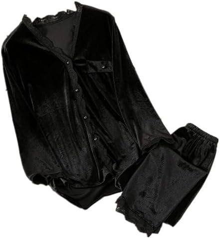 HUJINGLS Velvet Pajamas Women Autumn Winter Sleepwear Long Sleeve Casual Nightwear Pyjamas Suit Loose Home Clothes Lace Trim Sleep Set, L, Black