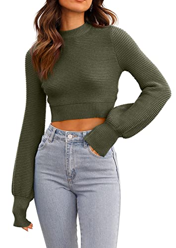 Image of Womens Sexy Crew Neck Cropped Sweaters Knit Long Sleeve Crop Tops Pullover | Ribbed Knit, Long Sleeve, Crop Tops, Pullover,Crew Neck