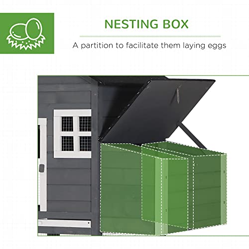 PawHut 84" Wooden Chicken Coop, Hen House Outdoor with Run Nesting Box, Asphalt Roof, Removable Tray, Ramp, Poultry Cage for 2-3 Chickens, Gray - Image 6