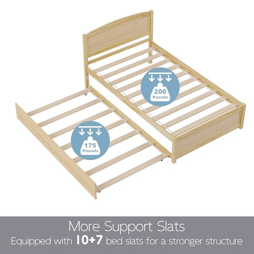 Image of Xilingol Trundle Bed Twin, Solid Wood Bed Frames with Headboard and Wooden Slats Support, Twin Trundle Bed Frame Roll Out, Single Box (No Box Spring Needed)