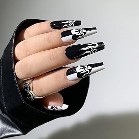 Glossy Ballerina Fake Nails 24 PCS Coffin Long Press on Nails Black and White False Nails with Heart Flame Design Full Cover Artificial Nails Tips for Women Girls Party Salon Cover