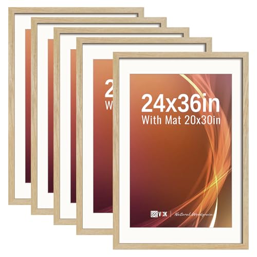 Image of VCK 24x36 Poster Frame 5 Pack, Natural Wood, 20x30 Mat, for Gallery Wall