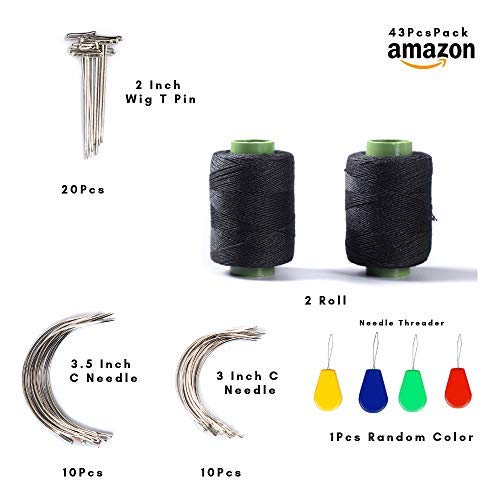 43 Pcs Hair Weave Sewing Needle and Thread Set,2 Hair Sewing Black Thread,20Wig T Pins, C Curved Needles and Needle Threader for Wig Making, Blocking Knitting,Modelling and Crafts (2 Rolls+20 T+ 20C)