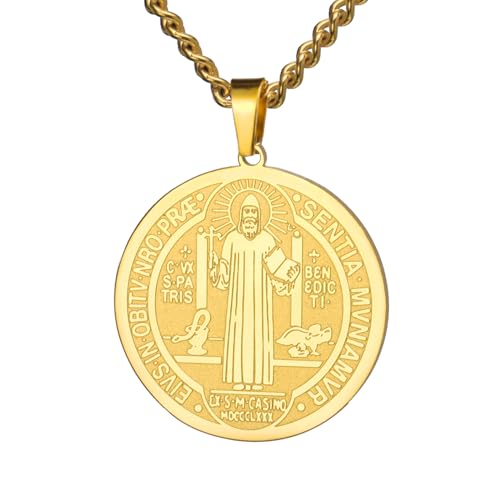 TEAMER Collana di San Benedetto in acciaio inossidabile Ciondolo di San Benedetto Croce di Gesù Amuleto religioso di forza Pace Preghiera Gioielli per uomini donne (Collana San Benedetto - Oro)
