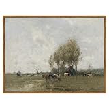 ARPEOTCY Vintage Country Framed Wall Art, Meadow with Cows Retro Painting Decor Aesthetic, 12x16 Inch Canvas Print Artwork, Pasture Nature Scenery Wall Pictures for Room Farmhouse Decor