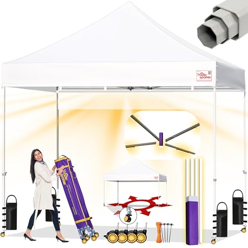Tradesparker 10x10 Pop Up Canopy Tent,Commercial Movable Canopy with ApexCore LED&Rugged Casters-Instant Easy Setup Shelter Canopies with Weight Bags&Stakes for Outdoor Events Markets Vendors,White