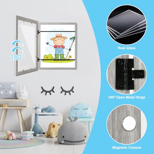 Image of [2 Pack] Kids Art Frames, 10x12.5 Front Opening Kids Artwork Frames Changeable, Grey Wood Grain Artwork Display Storage Frame for Wall, Holds 50 Pcs, for 3D Picture, Crafts, Children Drawing, Hanging