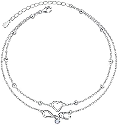 FLYOW Stethoscope Anklets for Women S925 Sterling Silver Foot Beaded Boho Nurse Layered Ankle Bracelet Anklets Beach Jewelry