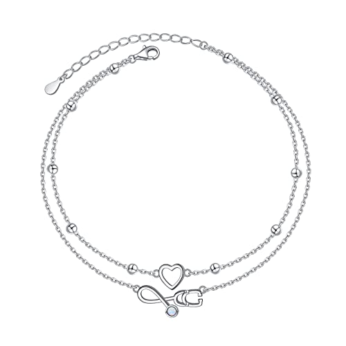 Image of Flyow Anklet for Women S925 Sterling Silver Adjustable Foot Beaded Heart Charm Ankle Bracelet Anklets Jewelry