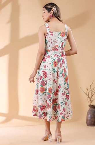 Image of Janasya Women's Cotton Floral Printed Gathered Dress