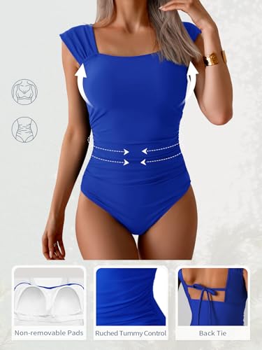 Image of B2prity Womens One Piece Swimsuit Retro Square Neck Tummy Control Bathing Suits Ruched Modest Full Coverage Swimwear