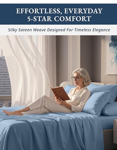 Image of LANE LINEN Extra Deep Pocket King Sheets Sateen Weave - French Blue | 100% Cotton Sheets King - 4-Piece Set, For A Luxurious Night's Sleep, For Guests And Everyday Use, Luxe Sheen,