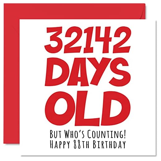 Tarjeta cumpleaños 88 hombres, mujeres, él, ella, 32142 días edad, divertida tarjeta cumpleaños adultos, ochenta ocho ochenta octavo abuela, abuelo, gran tarjetas felicitación broma 145 mm x 145 mm