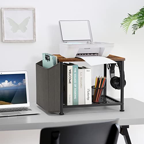 Ybing Printer Stand 2-Tier Printer Cart With Wheels And Storage Bag Wood Rolling Printer Table With Storage Under Desk Mobile Printer Stand Shelf For Home Office, Rustic Brown #TOP2
