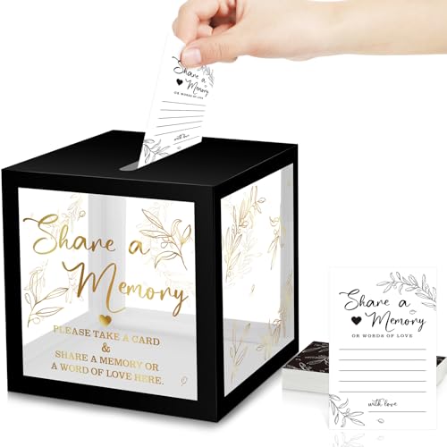 Image of Pajean 50 Pcs Greenery Share a Memory Card for Celebration of Life Cards Box with Clear Windows Memory Box for Funeral Wedding Birthday Graduation Bridal Shower Guest Card Ideas(Clear,Black Gold)