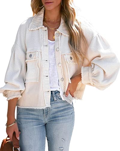 Women's Fall Casual Cropped Waffle Knit Jacket Button Down Spliced Denim Shacket Tops - Main Image