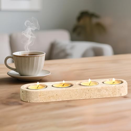 Erongoo Marble Candle Holder, 4 Holes Natural Marble Tealight Candle Holder for Home Decor, Wedding, Party and Table Centerpieces (Travertino Romano)