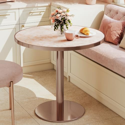 Image of 31.5 inchTulip Table, Sintered Stone Small Round Dining Tables&Metal Edge&Base | Small Modern Circle Dining Table for 2-4 Person ,Bistro Tables for Dining Room /Kitchen /Restaurants /Small Spaces /Marble Pink