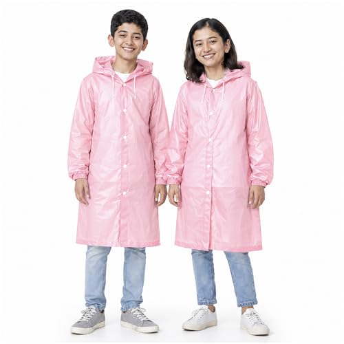 Image of Robustt Kids Eva Raincoat for Boys & Girls (8-16 Years) with Full Sleeves with Elastic Cuff | Unisex Hooded Kids Rain Coat with Drawstring | Reusable Raincoat with Snap Button Closure | Knee Length