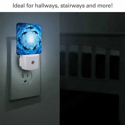 Image of LED Night Light,Form Circle Floating Sharks LED Night Light Plug into Wall with Dusk to Dawn Light Sensor White Energy Efficient Nightlight for Bedroom Bathroom Hallway Living Room Kitchen