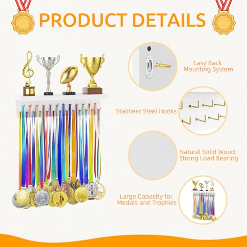 Image of Medal Hanger Display and Trophy Shelf Organizer, Wooden Wall Mount Ribbon Holder with 25 Steel Hooks, Race Awards Storage Rack Stand for Sports Enthusiasts