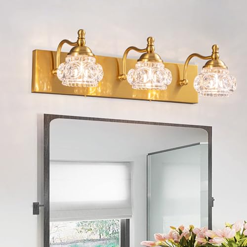 Image of 3-Light Bathroom Light Fixtures, Gold Vanity Light Farmhouse Wall Sconces with Frosted Glass Shade, Modern Bathroom Wall Lamp for Mirror Bedroom Hallway Living Room