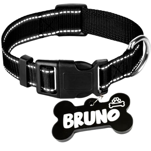 Image of PAWPRO HANDMADE Reflective Nylon Dog Collar with Customizable Bone-Shaped Tag -Adjustable for Safety and Comfort, Fits 35-50 Cm Neck -Black (Black, Medium)