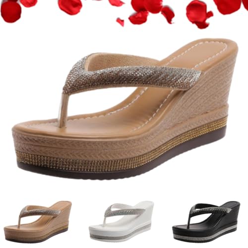 Women's Rhinestone Lightweight Comfortable Non-Slip Wedge Sandals, Summer Sparkly Rhinestone Platform Flip Flops Women Casual Open Toe Slip on Beach Slides, Wedding Party Shoes