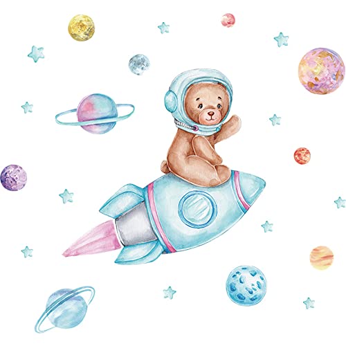 Super Cute Bear Astronauts Rocket Wall Decals, Removable Pvc Universe Space Wall Stickers For Bedroom Living Room Kid's Room Kindergarten, Art Window Door Cabinet Corridor Wall Decor Murals (Bear Astronauts Rocket) #TOP4