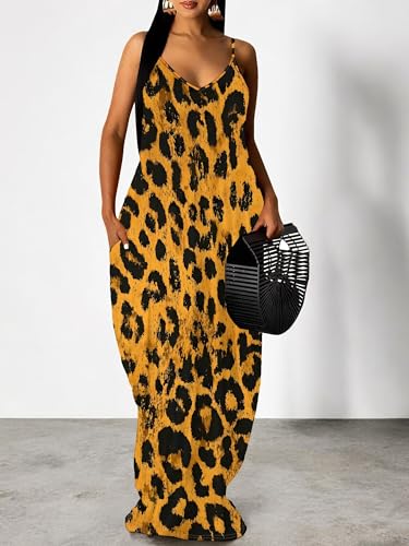 Image of Women's Summer Maxi Dress Spaghetti Strap Floral Boho Beach Long Sundress with Pockets