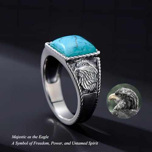 Real Square Turquoise Rings for Men with Eagle 925 Sterling Silver Genuine Gemstone Chunky Southwest Ring Jewelry for Husband4