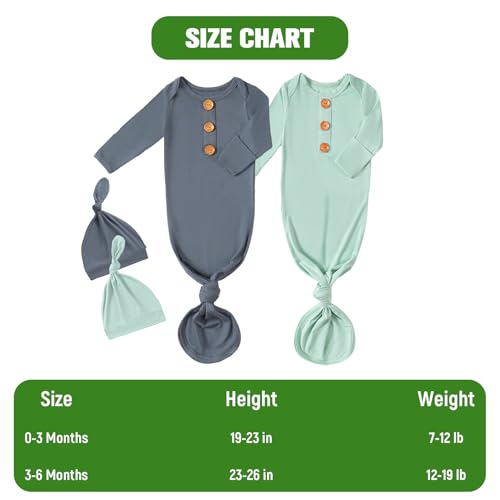 OPAWO Knotted Gown Baby Newborn Sleepers Baby Boy Coming Home Outfit, Bamboo Viscose Baby Gowns with Mitten Cuffs and Hat Set(Navy Blue + Sage Green, 0-3 Months) - Thumbnail 7