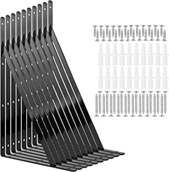 Ikram Traders 10 Pack 16 Inch Shelf Brackets Heavy Duty Right Angle Bracket Triangle Shelf Brackets Steel Floating Shelf Bracket, Hanging Iron Shelving Wall Angel Corner Brace, Black