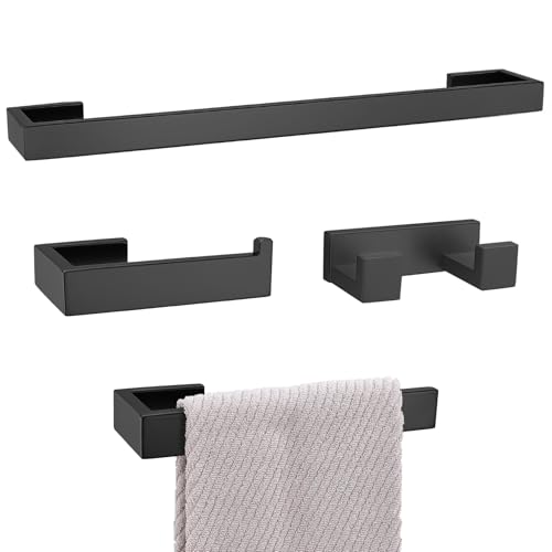 Matte Black Bathroom Hardware Set, 4-Piece Bath Towel Bar Set SUS304 Stainless Steel Towel Rack Set for Bathroom, 23.6 inches Bathroom Towel Holder Set Wall Mounted