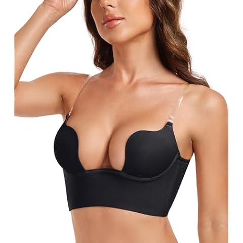 JOATEAY Deep Plunge Low Back Bra for Women Backless Underwire Padded Bra with Convertible Clear Straps (Black,40C) Cover