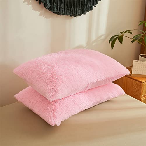 Soft Faux Fur Pink Comforter ，Down Alternative Fur Comforter 3Pcs Set（1 Plush Comforter +2 Furry Pillow Cases Luxury Modern All Season Microfiber Fill Duvet Insert Bedding (Pink , Queen) #TOP7