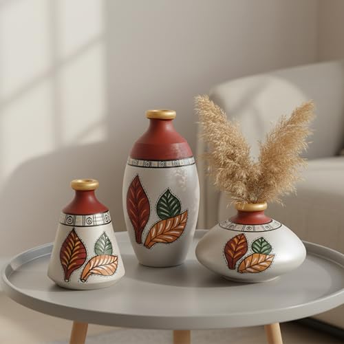 Image of Aakriti Art Creations Earthen Terracotta Vases Set of 3 | Handmade Silver Bloom Floral Art Flower Vases | Matte Finish Decorative Vases for Home Decor & Gifting