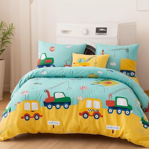 Image of 200 GSM 400 TC Kids Glace Cotton Reversible Cartoon Printed Double Bed King Size Comforter with Matching Bedsheet 90 * 100 with 2 Pillow Covers Set of 4 Pieces (Yellow Bus)