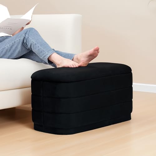 Image of 30 inch Velvet Storage Ottoman Bench with Wooden Tray Lid, Folding Large Upholstered Ottoman Footstool for Living Room, Rectangular Padded Foot Rest for Bedroom Living Room Dorm, Black