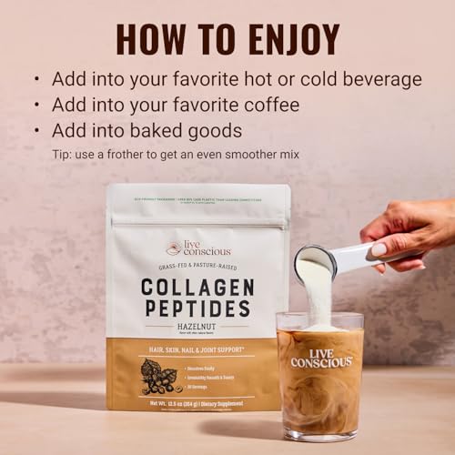 Image of Live Conscious Collagen Peptides Powder - Hazelnut Flavored Collagen Powder - Hair, Skin, Nail, & Joint Support - Type I & III Grass-Fed Collagen Supplements for Women and Men - 30 Serving - 12.4oz