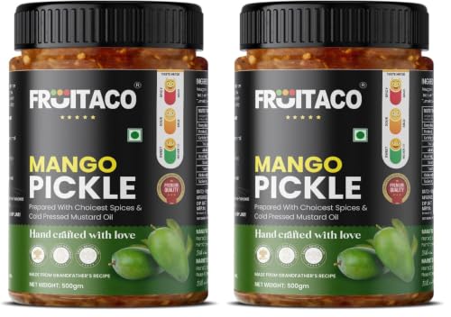 Image of Fruitaco Mango Pickle 500 Gm - Traditional Indian Aam Ka Achaar with Authentic mustard oil and Spices (Pack of 2)
