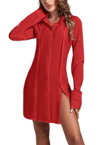 LYANER Women's Lapel Collar Buttons Down Side Slit Long Sleeve Mini Shirt Dress4