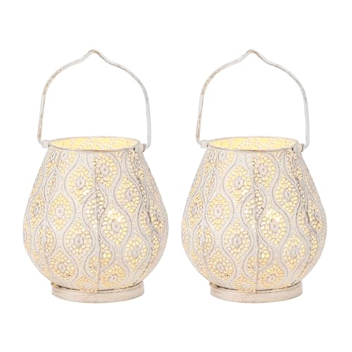 TRIROCKS Set di 2 Lanterne Decorative Marocchine 26 cm Alte, Lampada Senza Fili a Batteria con Luci LED per Casa, Soggiorno, Giardino, Eventi (Bianco)