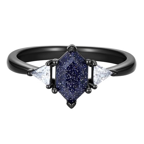 Custom Black Matching Rings - Couples' Blue Sandstone, Hexagon Cut with Personalized Engraving