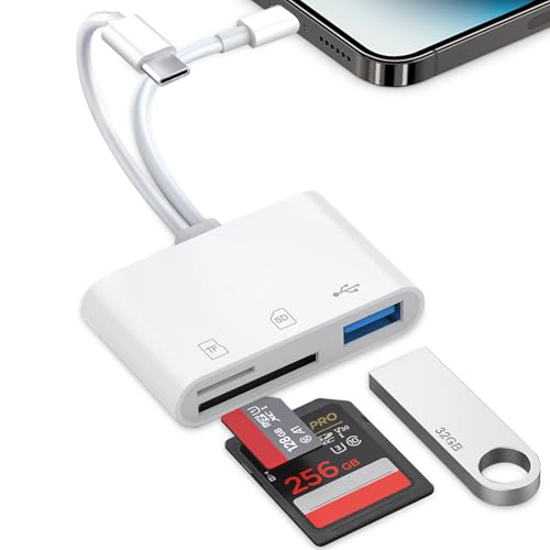 Lettore di Schede SD per iPhone, USB C Lightning Adattatore Scheda SD per SD/Micro SD, SD Card Reader for iPhone, Lettore Schede Memoria per iPhone 16 15 14 13 /iPad/Mac/Android