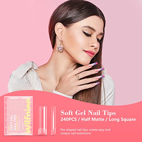 Wilfniee Soft Gel X Square Nail Tips, 240Pcs Clear No C Curve Nail Tips For Acrylic Nail Tips Professional, Xl Long Pre Shaped Straight Nail Tips For Nail Polish Dip Powder, Nail Salons Home Diy #TOP3