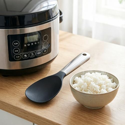 Silicone Rice Spoon, Non-Stick Ergonomic Heat Resistant Rice Paddle with Stainless Steel Handle,Lightweight Smooth Round EdgeRice Serving Silicone Spoon with Hanging Hole for Rice Cooker Home Kitche - image 4