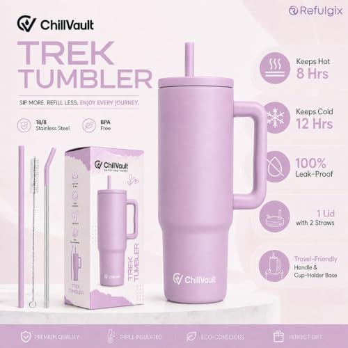 Image of REFULGIX ChillVault 1200ml Stainless Steel Tumbler | Double-Wall Insulated Travel Mug with Handle, 2 Straws & Leak-Proof Lid | Keeps Drinks Hot & Cold | Laviander