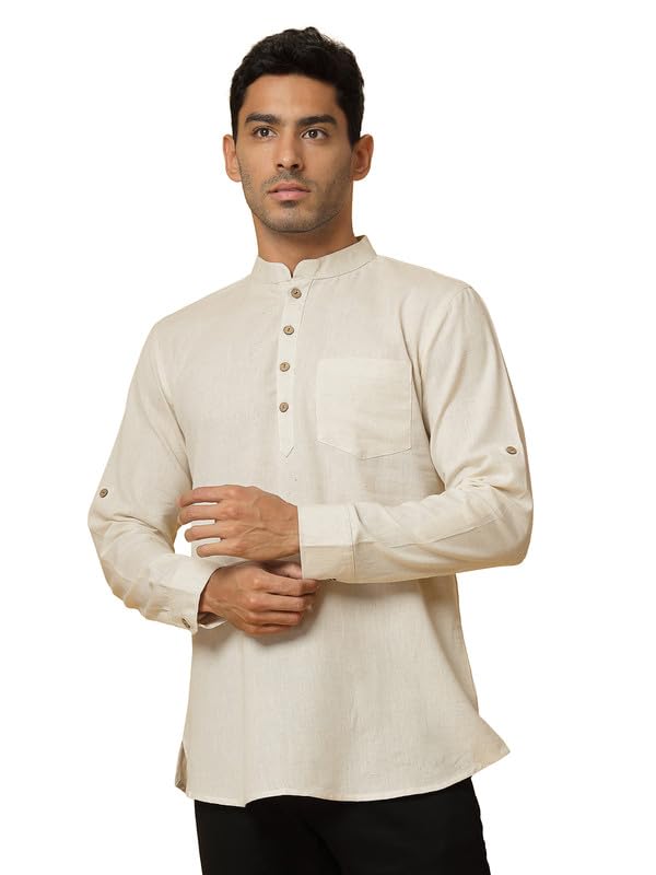 Image of Vastraa Fusion Men's Handloom Weaving Pure Cotton Short Kurta, Round Collar, Full Sleeves,Button Kurta, Ethnic Wear